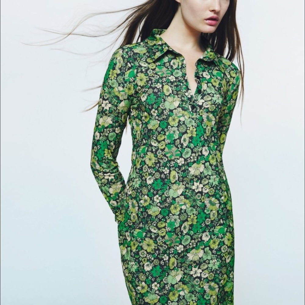 Zara Green Long Sleeve Buttoned Dress